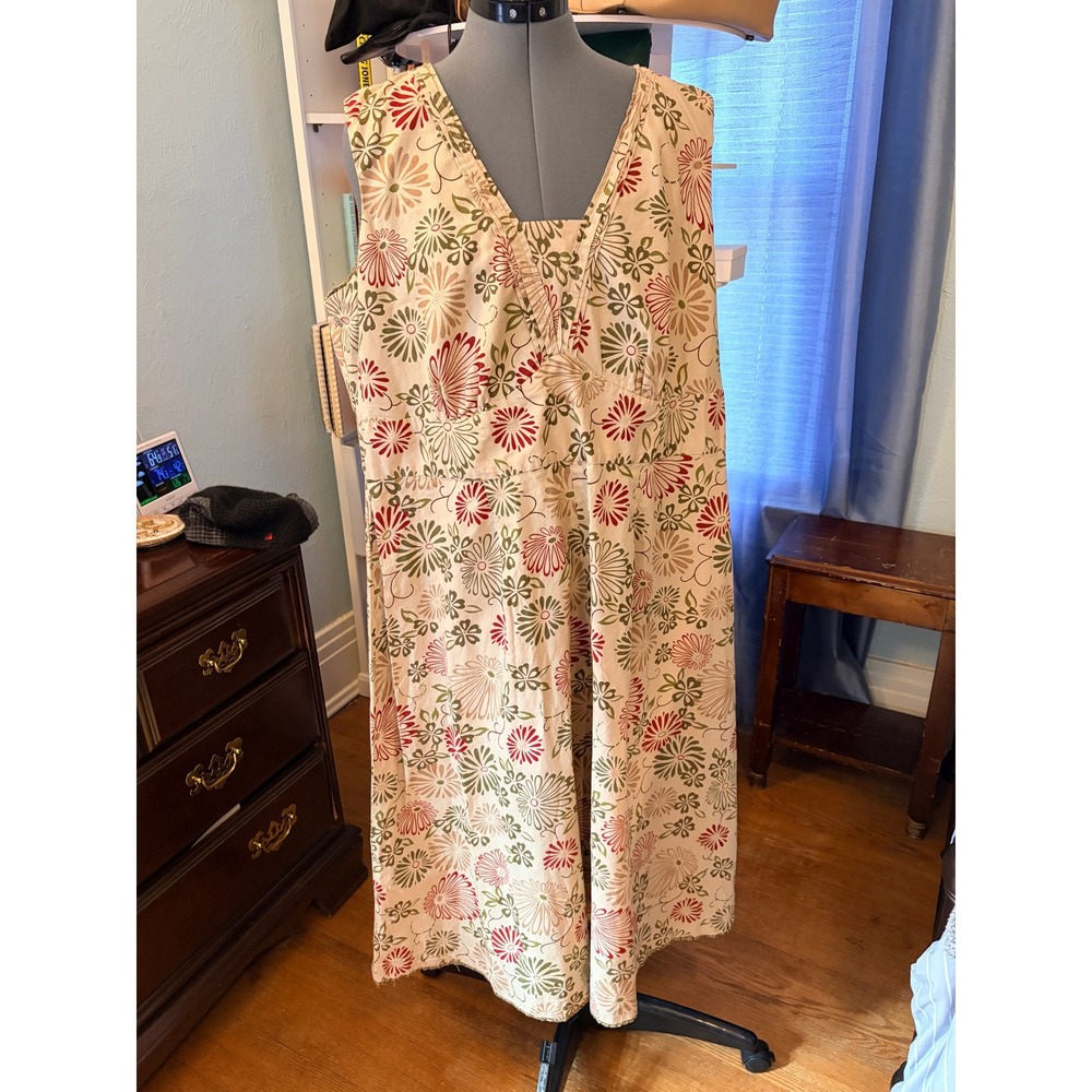 Style & Co Woman Midi Dress 18W Cream Red Floral Cotton Sleeveless Boho A-Line